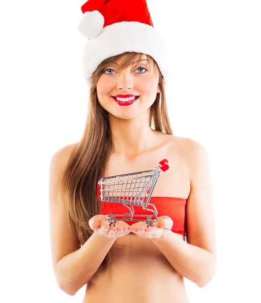 Bella ragazza di Babbo Natale con piccolo carrello della spesa su wh — Foto Stock