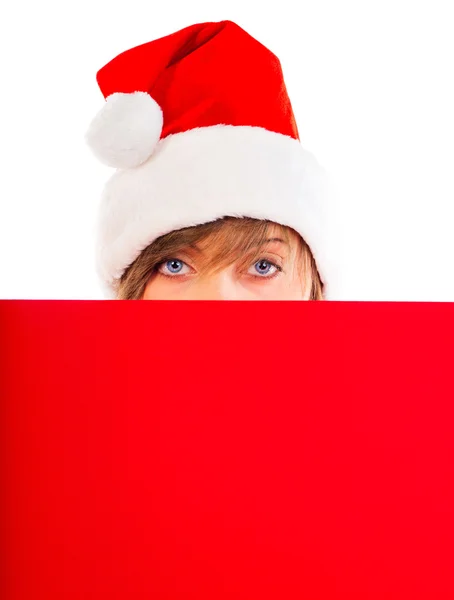 Chica de Navidad con cartel rojo en blanco —  Fotos de Stock