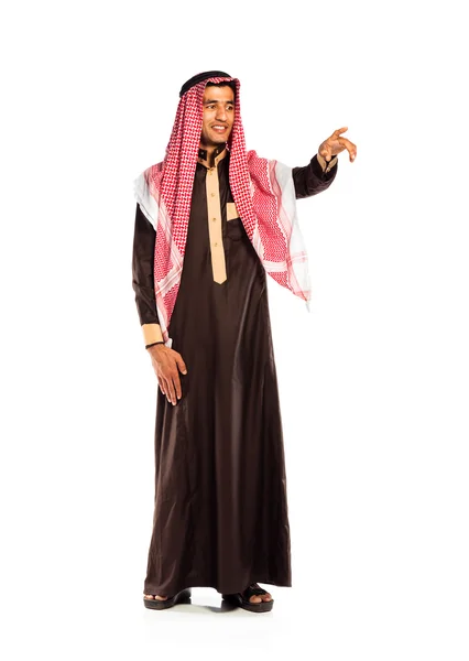 Homem árabe pressionando botão virtual no branco — Fotografia de Stock