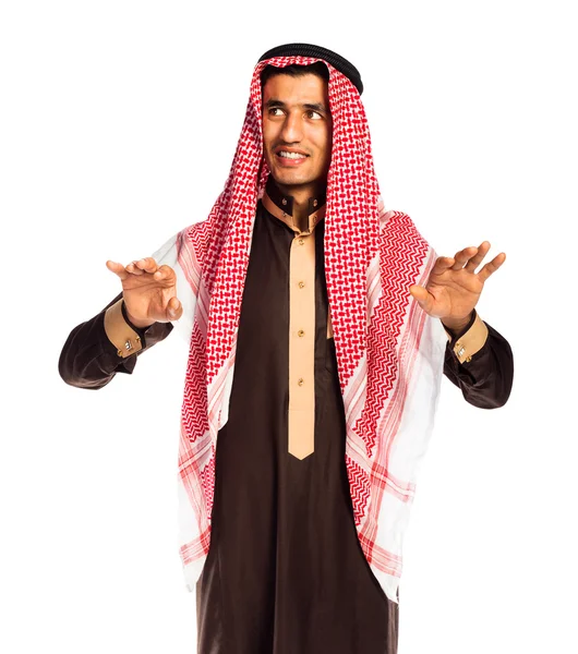Hombre árabe presionando el botón virtual en blanco — Foto de Stock