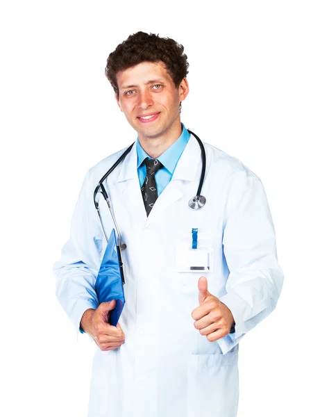 Portrét usměvavý muž lékaře drží Poznámkový blok a prst u — Stock fotografie