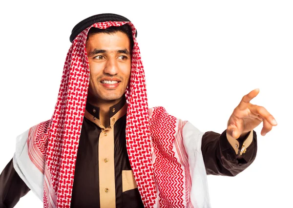Arab man pressing virtual button on white — Stock Photo, Image