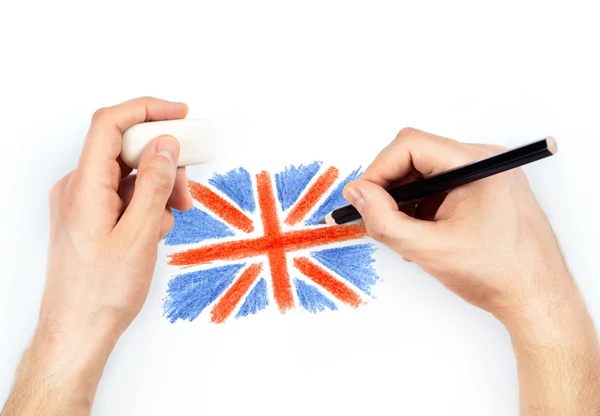 Man's hands with pencil draws flag of United Kingdom of Great Br — Stock Photo, Image