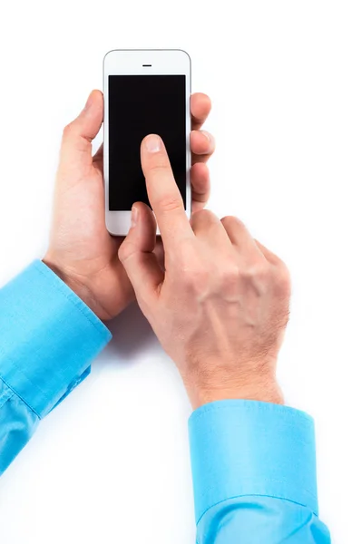 Podnikatel je ruce pomocí smartphone na bílém pozadí — Stock fotografie
