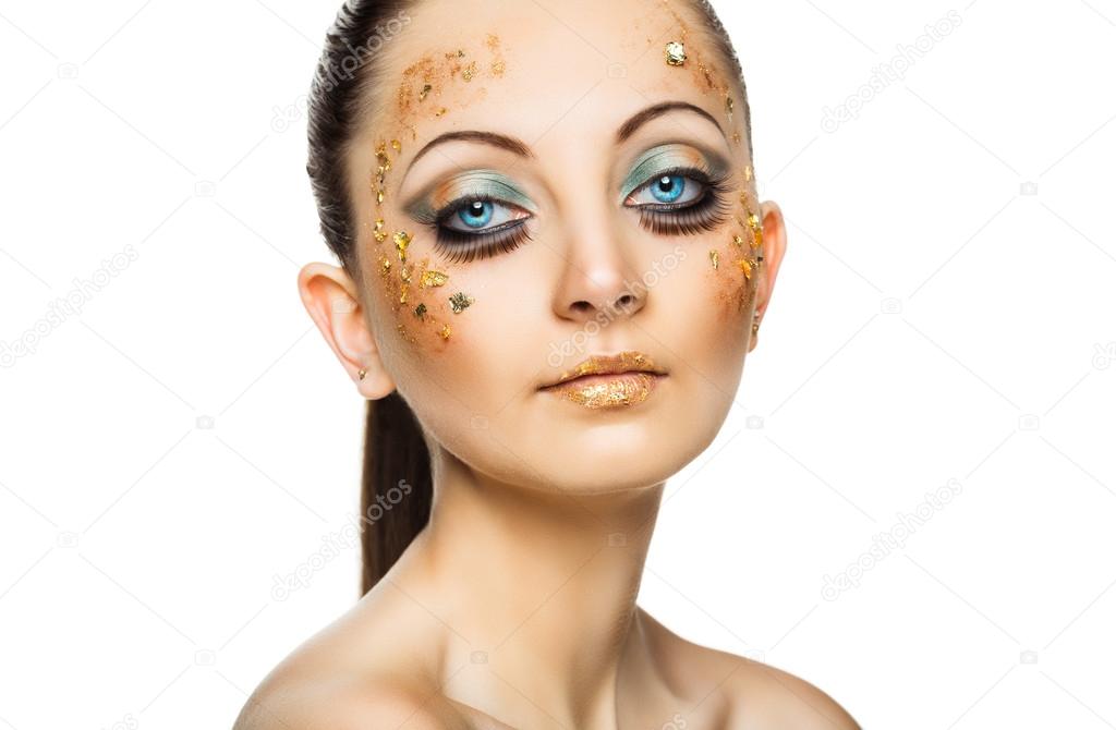 Glamorous portrait of young beautiful girl with big blue eyes, l