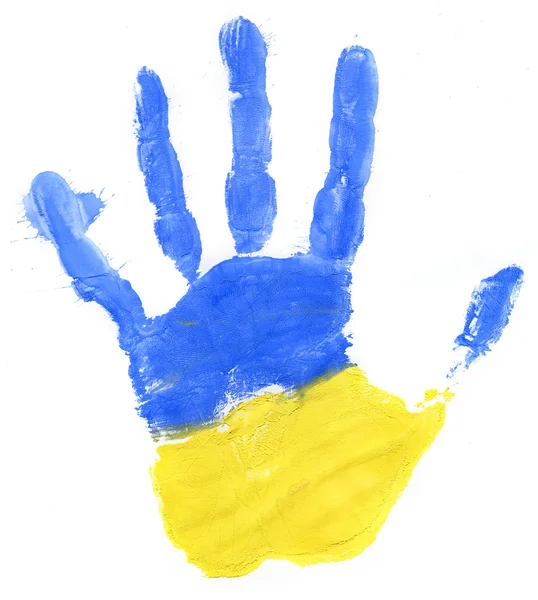 Cap tangan bendera Ukraina pada warna putih — Stok Foto