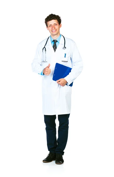 Portrait of a smiling male doctor holding a notepad and finger u — Stock Photo, Image