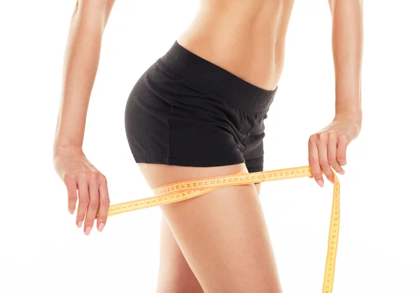 Closeup photo of a caucasian woman's leg with a measuring her th — Stock Photo, Image