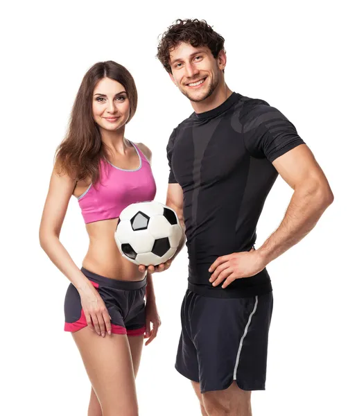 Atlético hombre y mujer con bola en el blanco — Foto de Stock