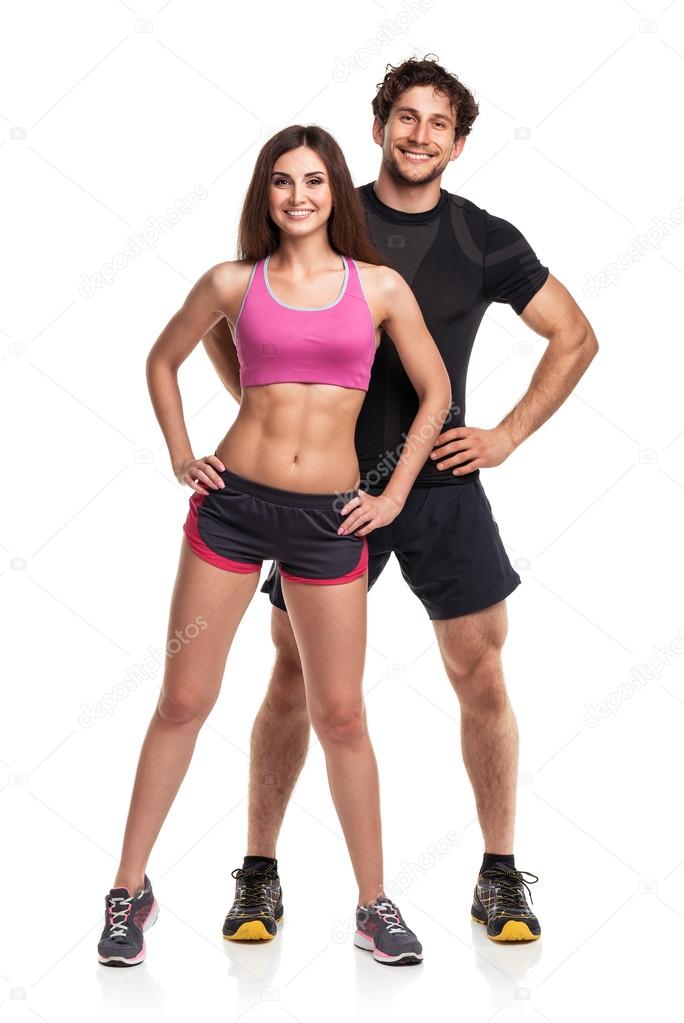 Athletic  man and woman after fitness exercise on the white back