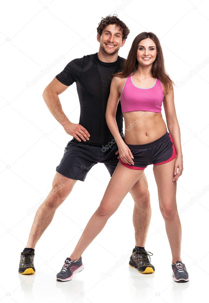 Athletic man and woman after fitness exercise on the white backg