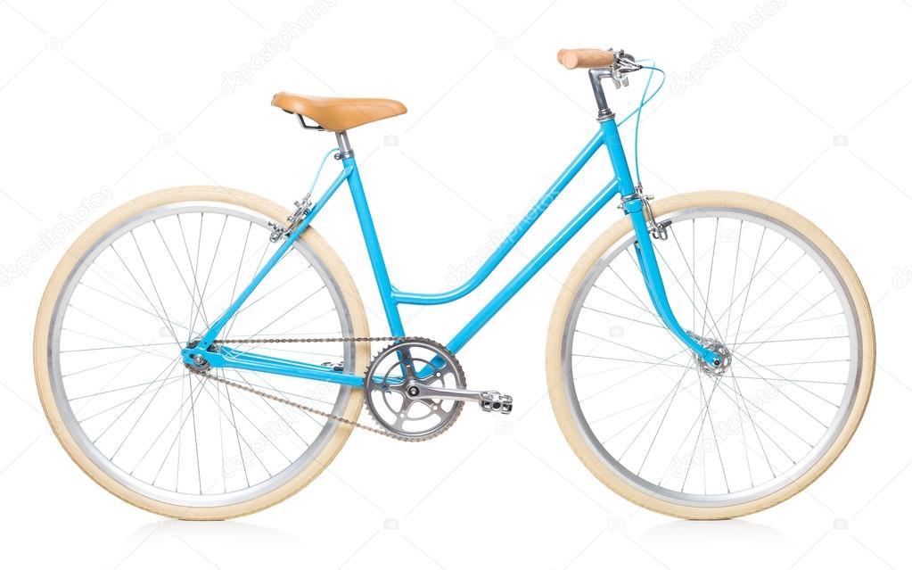 Stylish womens blue bicycle isolated on white