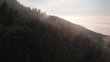 Mistik dağ manzarası. Büyük fırtınaların arasında, sisin içinde dağların üzerinden uçuyor. Sisin içinden gün batımı ışığı yayılıyor. Ukrayna, Karpat Dağları