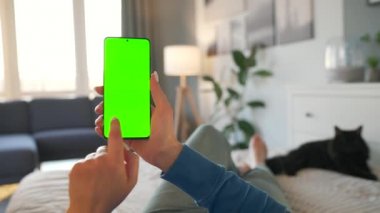 Evde bir kadın siyah kediyle yatakta uzanıyor ve dikey modda yeşil maket ekranlı akıllı telefon kullanıyor. Kız internette geziniyor, içeriği izliyor, videolar izliyor. POV.