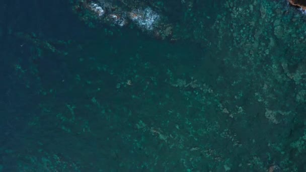 Bovenaanzicht op het oppervlak van de Atlantische Oceaan met rotsen die uitsteken vanaf het water voor de kust van het eiland Tenerife, Canarische Eilanden. — Stockvideo