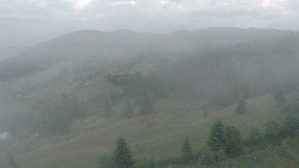 Flug im Morgennebel über einem Bergdorf. Die Berge sind mit Nadelwald bedeckt. Auf FPV-Drohne gefilmt. — Stockvideo