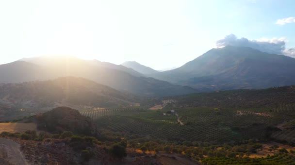 Vista aérea de la isla de Creta, Grecia. Paisaje de montaña, olivares, cielo nublado a la luz del atardecer. — Vídeos de Stock
