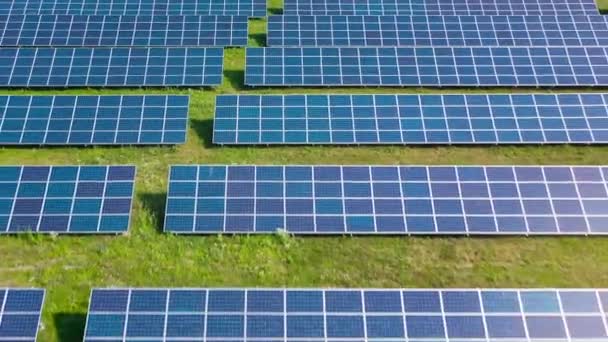 Survolez un champ de panneaux solaires lors d'une journée ensoleillée d'été. Innovation écologique. — Video