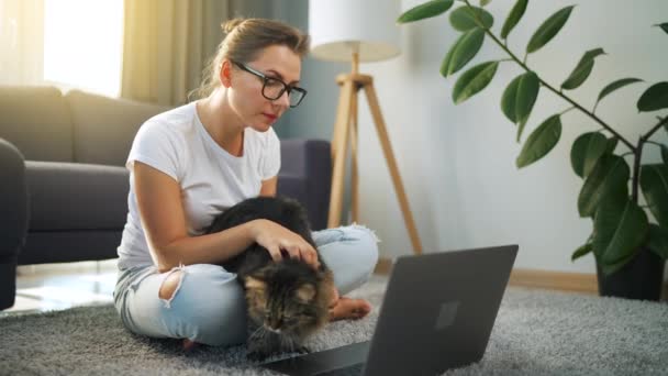 Damen med briller sitter på gulvet, jobber med en bærbar pc og stryker en rødmusset katt. Fjernarbeidsbegrep. – stockvideo