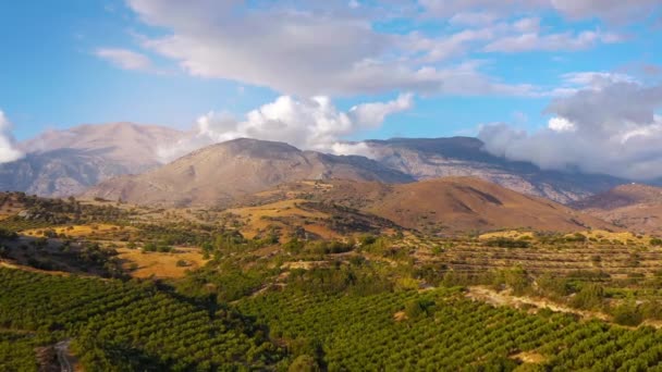 Vista aérea de la isla de Creta, Grecia. Paisaje de montaña, olivares y cielo nublado. — Vídeo de stock