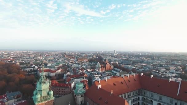 Aereo in volo verso il Castello Reale di Wawel, Cracovia, Polonia. Girato su drone FPV — Video Stock