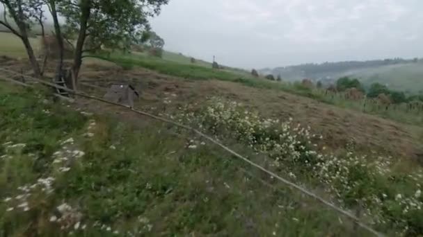 Vuelo maniobrable en la niebla de la mañana sobre un pueblo de montaña junto a un caballo y un pajar en el dron FPV — Vídeos de Stock