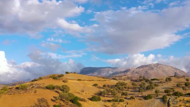 공중에서 본 크레타섬, 그리스. 산 풍경, 올리브 나무, 구름낀 하늘. — 비디오