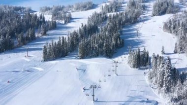 Tepenin aşağısında kayak yapan ve snowboard yapan insanların olduğu kayak merkezinin havadan görüntüsü. Kış mevsiminde ağaçlarla çevrili kar üzerinde kayak, kayak ya da snowboard pisti üzerinde uçmak