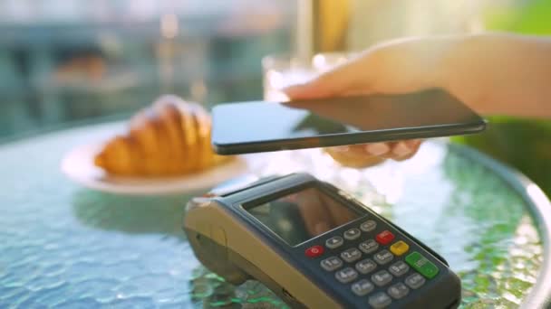 Pago sin contacto con smartphone. Concepto de pago inalámbrico. Primer plano, mujer que utiliza la tecnología NFC billetera sin efectivo smartphone para pagar la orden en la terminal bancaria en un café. — Vídeos de Stock