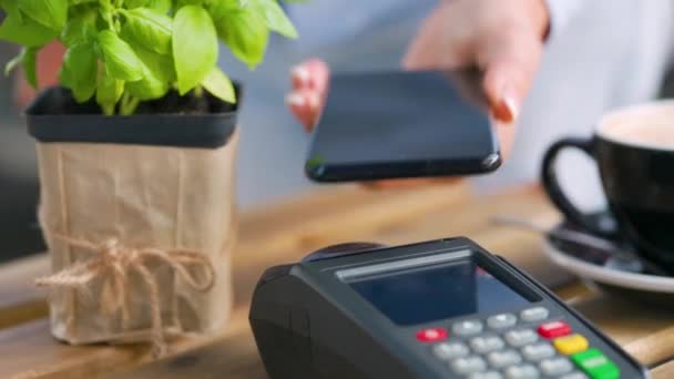 Απεριόριστη πληρωμή με smartphone. Ασύρματη έννοια πληρωμής. Κοντινό πλάνο, γυναίκα που χρησιμοποιεί το smartphone χωρίς μετρητά τεχνολογία πορτοφόλι NFC για να πληρώσει την παραγγελία στο τερματικό τράπεζα. — Αρχείο Βίντεο