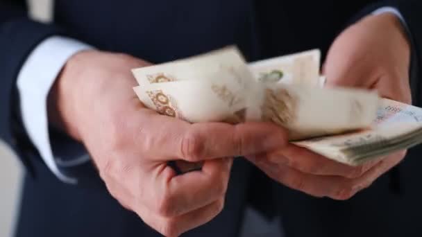 Banconote zloty polacche contate da uomo vestito formalmente. — Video Stock