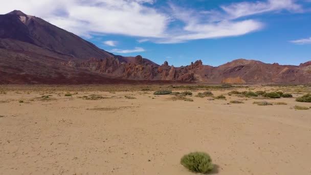 Aerial view of the Teide National Park, flight over a desert rocky surface, view on the Teide volcano. Tenerife, Canary Islands — Wideo stockowe