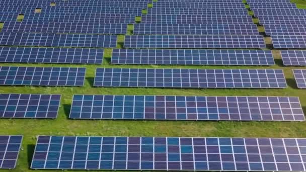 Vuelo sobre un campo de paneles solares en el soleado día de verano. Innovación ecológica. — Vídeos de Stock