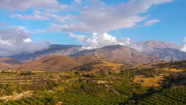 Vista aérea de la isla de Creta, Grecia. Paisaje de montaña, olivares y viñedos al atardecer. — Vídeos de Stock