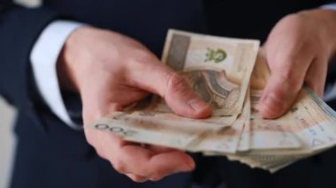 Polonya zloti paraları sayan resmi giysili bir adam..