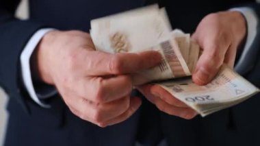 Polonya zloti paraları sayan resmi giysili bir adam..