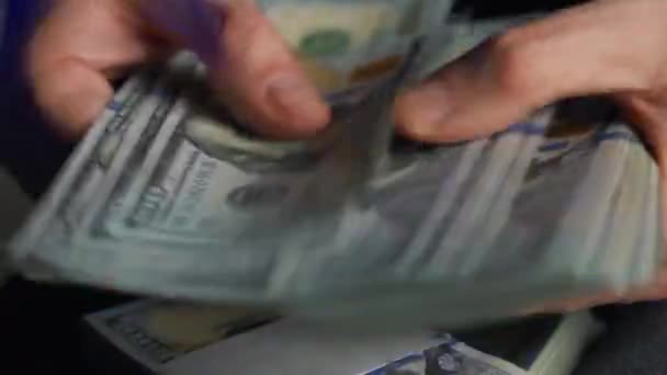 Hands checks US Dollar bills or counting in cash against the backdrop of police car lights Royalty Free Stock Video