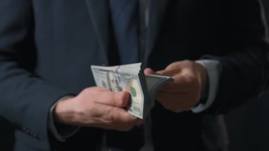 Resmi olarak giyinmiş adam Amerikan dolarlarını sayıyor. Yatırım, başarı, finansal beklentiler veya kariyer ilerlemesi kavramı