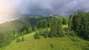 Güzel mistik bir dağ manzarası üzerinde uçmak. Kozalaklı orman, dağlar, fırtına bulutları