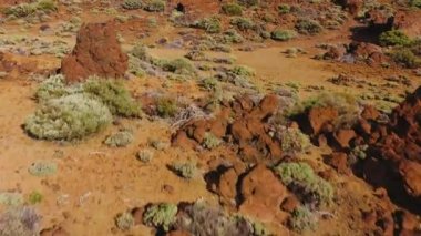 Teide Ulusal Parkı 'ndaki katı lav ve seyrek bitki örtüsünün havadan görünüşü. Tenerife, Kanarya Adaları