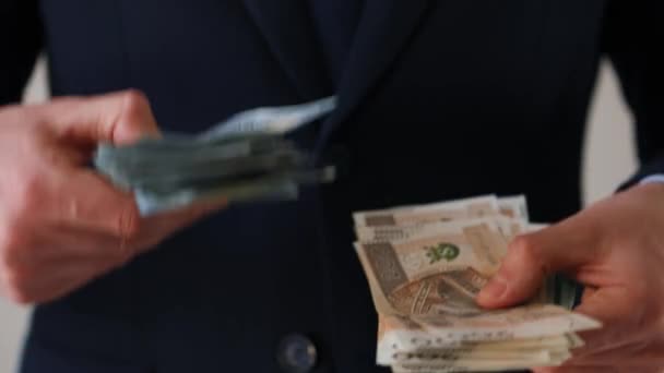 Формально одетый мужчина держит и сравнивает пачки американских долларов и польских злотых банкнот. Концепция инвестиций, успеха, финансовых перспектив или карьерного роста — стоковое видео