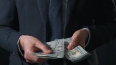 Resmi olarak giyinmiş adam Amerikan dolarlarını sayıyor. Yatırım, başarı, finansal beklentiler veya kariyer ilerlemesi kavramı