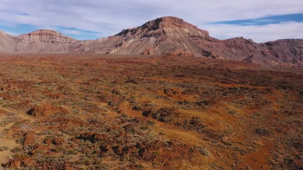 Luchtfoto van het landschap in het Nationaal Park Teide. Weg tussen bergen en verharde lava — Stockvideo