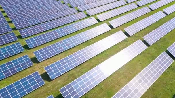 Flight over a field of solar panels in sunny summer day. Ecological innovation. — Stock Video