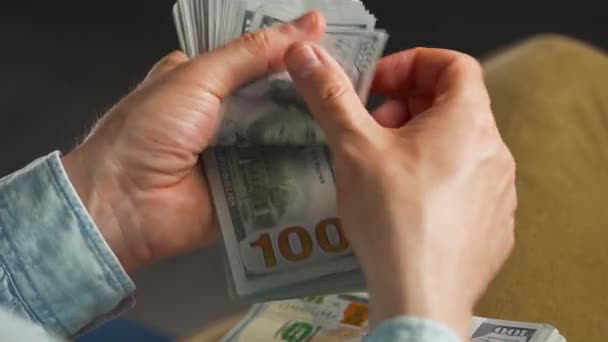 A kezek amerikai dollár számlákat számolnak, vagy készpénzzel fizetnek. A beruházás, a siker, a pénzügyi kilátások vagy a karrierelőrehaladás fogalma — Stock videók