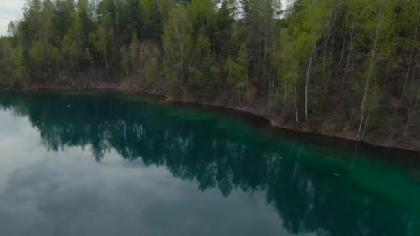 Letí nad tyrkysovým povrchem jezera, les roste na břehu. Grodek Park, Polsko. — Stock video