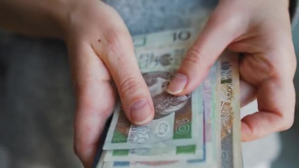 Mujer saca de su billetera y cuenta facturas de zloty polaco — Vídeos de Stock