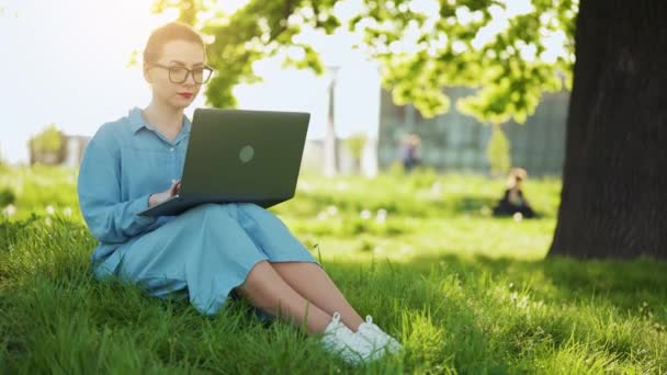 Sibuk Menarik Wanita Bekerja Laptop Duduk Rumput Taman Kota Saat — Stok Video