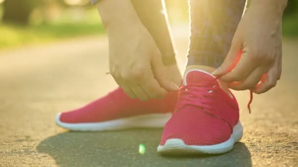 Vrouw Veters Strikken Tijdens Het Joggen Lopen Bij Zonsondergang Close — Stockvideo