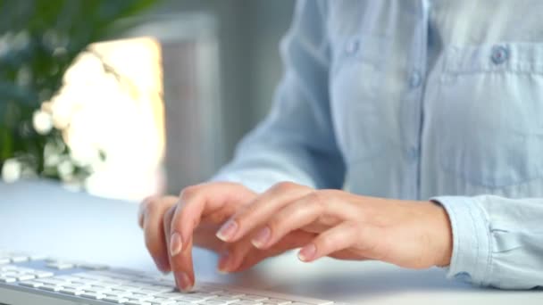 女性の手は 電子メールやサーフィンのインターネットを送信するためのコンピュータキーボードで忙しい作業 — ストック動画
